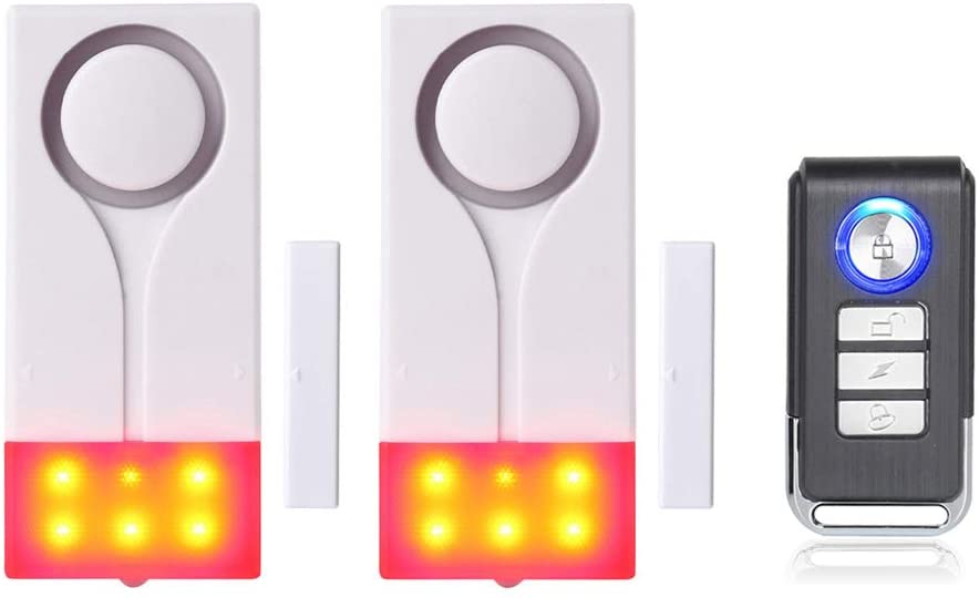 Alarme de portas e janelas - alarme sem fio com 105 db som forte e luz brilhante, fácil de instalar (inclui 2 alarme e 1 controle remoto)