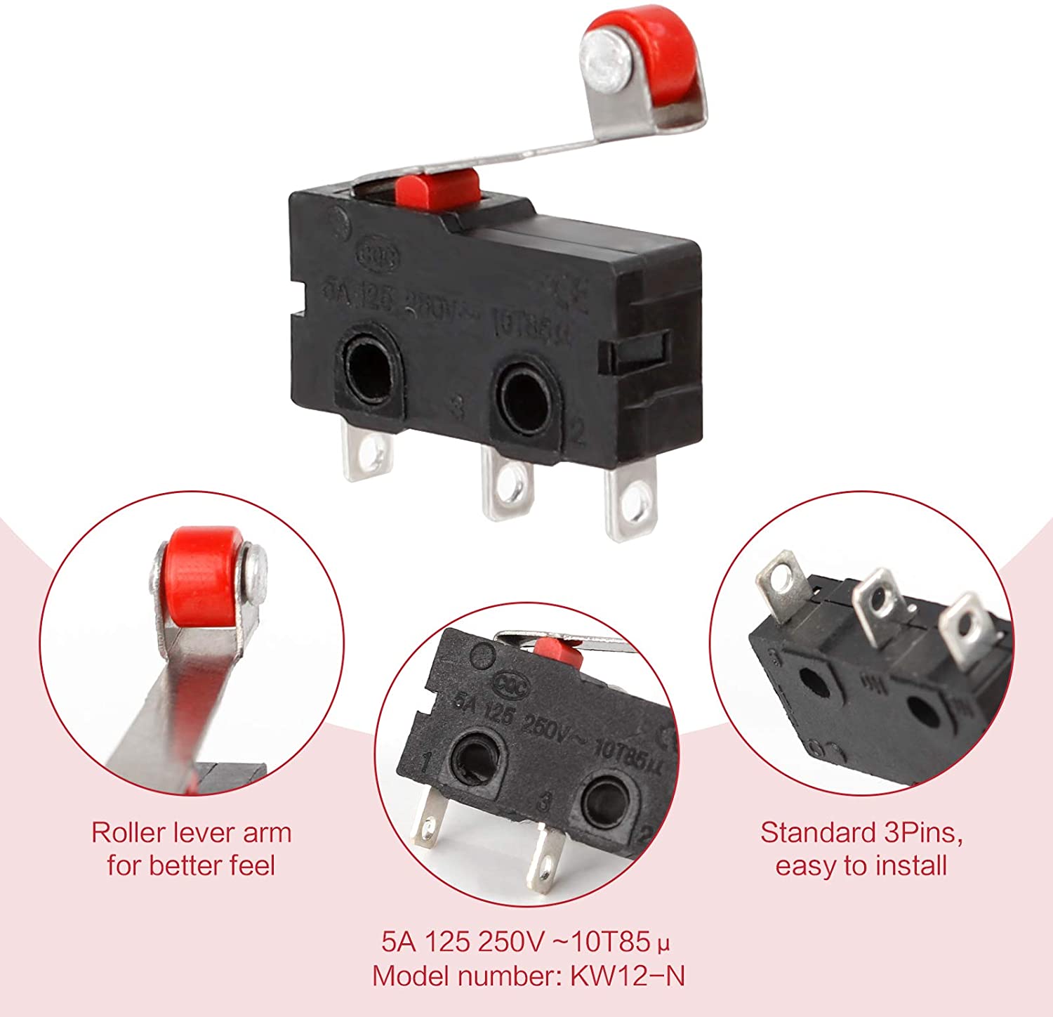 Micro switch 5 A 250 V, 3 pinos, para arduino com rolamento