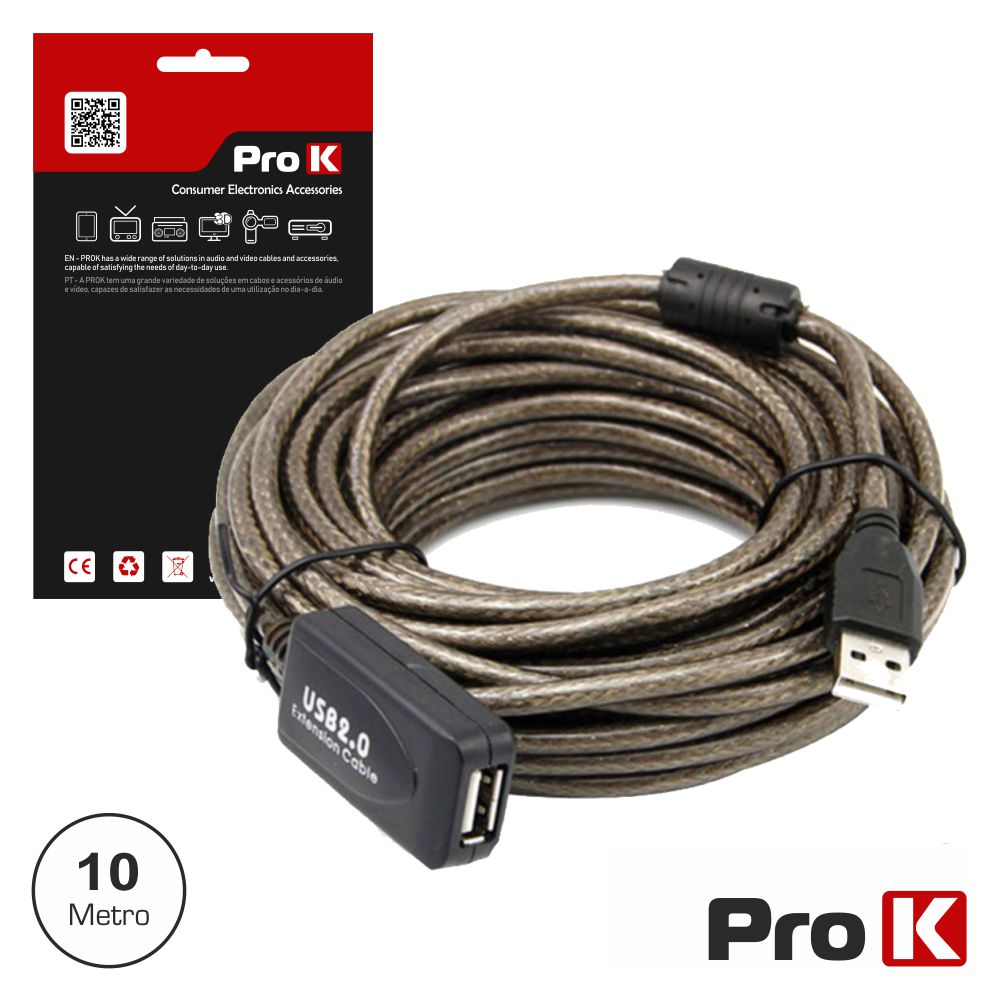 Cabo USB-A 2,0 Macho / USB-A Fêmea Amplificado 10m PROK