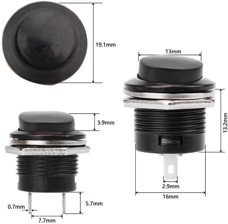 Botão de pressão CA 6A/125V 3A/250V Preto