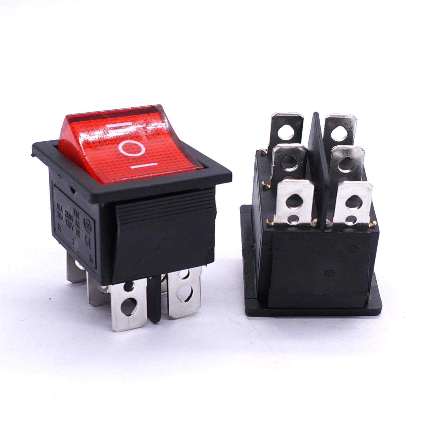Interruptor CA 250 V / 16 A, 125 V / 20 A,ON/OFF/ON, DPDT 6 pinos, 3 posições luz vermelha