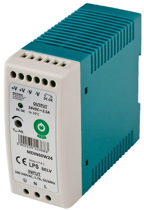 24V, 2,5A/60W DIN skinne Strømforsyning