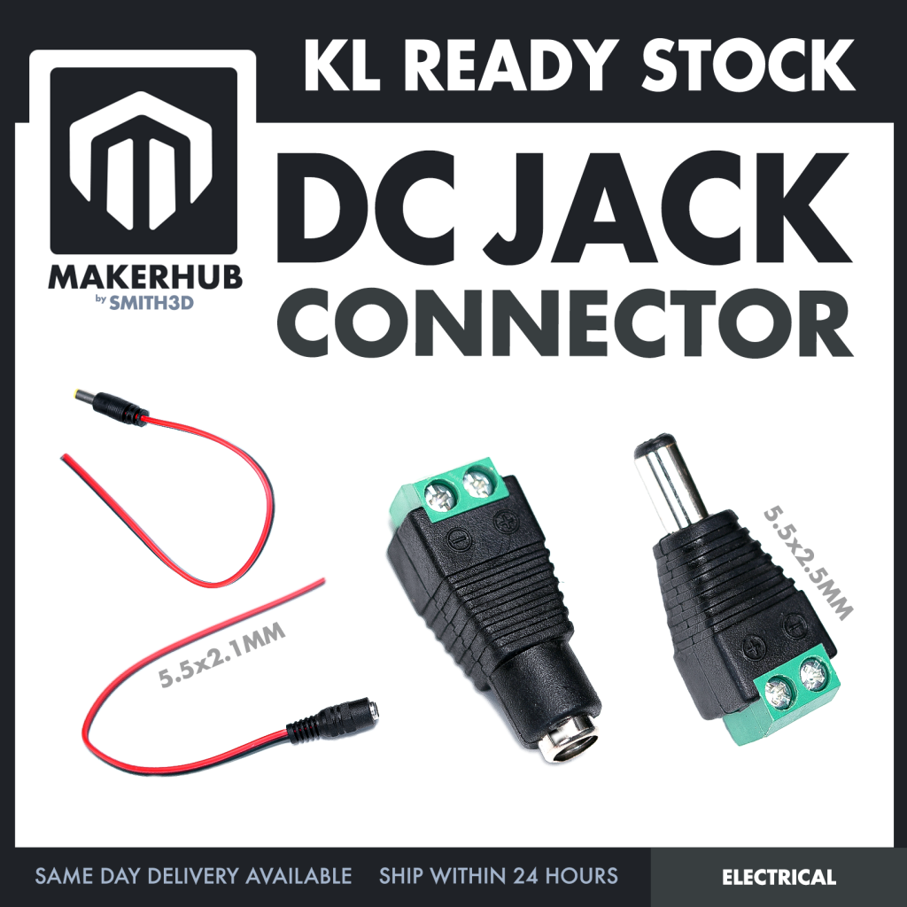5.5x2.1mm DC Power Male Connector Plug Jack Adapter for Arduino DIY Electronics Projects - MakerHub Malaysia: Robotic and Electronic Supplies