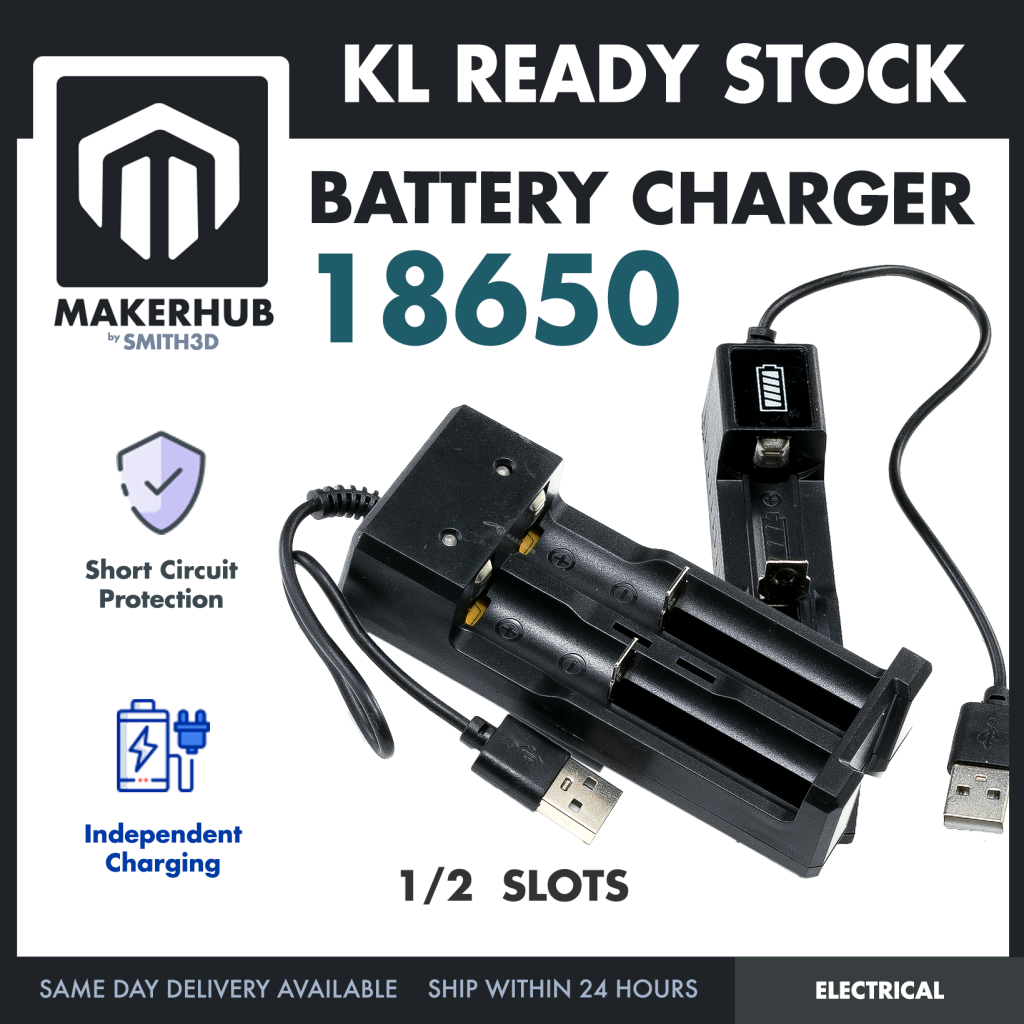 18650 Battery Charger 1/2 Slot Li-on Battery Charger USB A Connector 3.7V Universal Charger - MakerHub Malaysia: Robotic and Electronic Supplies