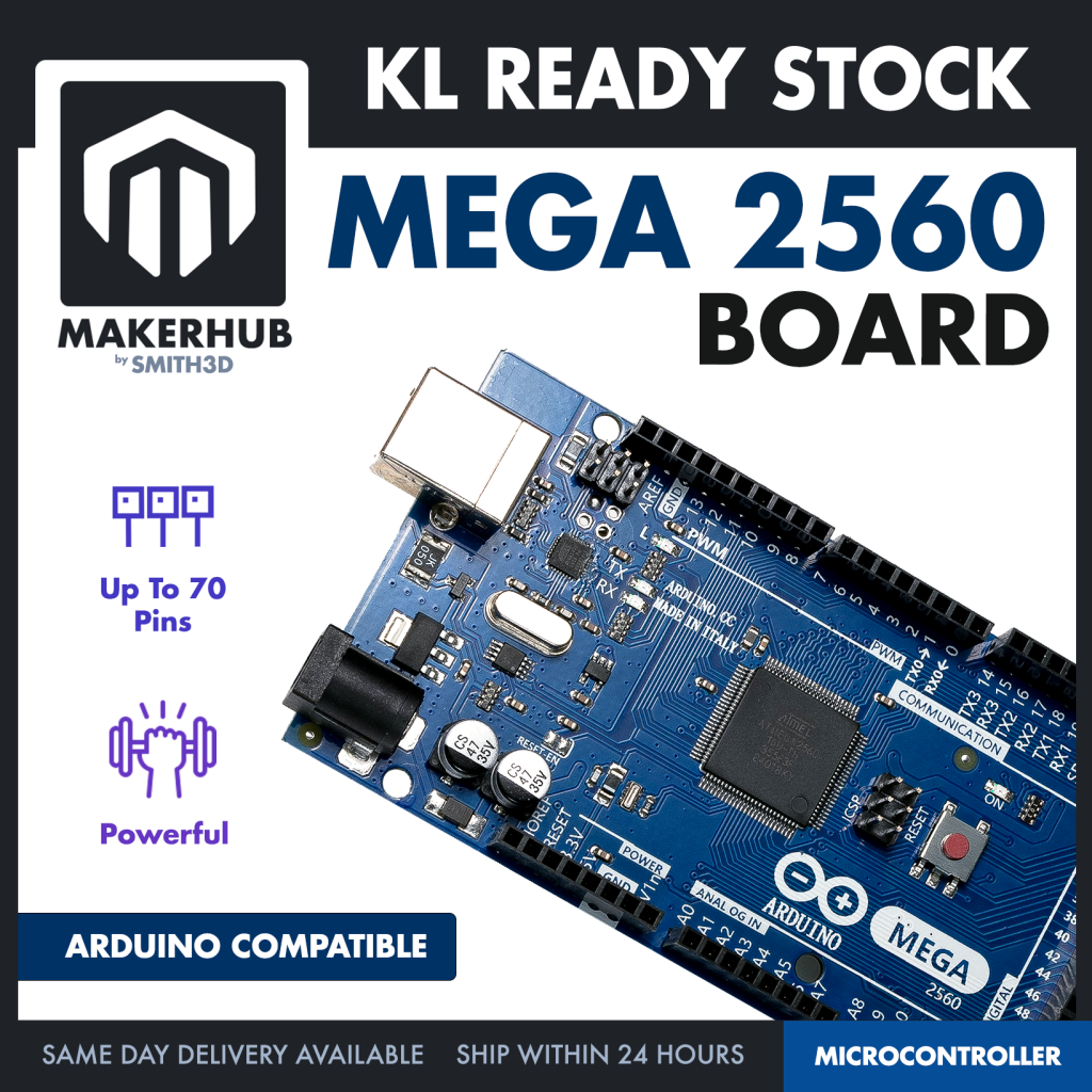 Arduino Mega Compatible MEGA 2560 Microcontroller CH340 - Free Type B Cable - MakerHub Malaysia: Robotic and Electronic Supplies