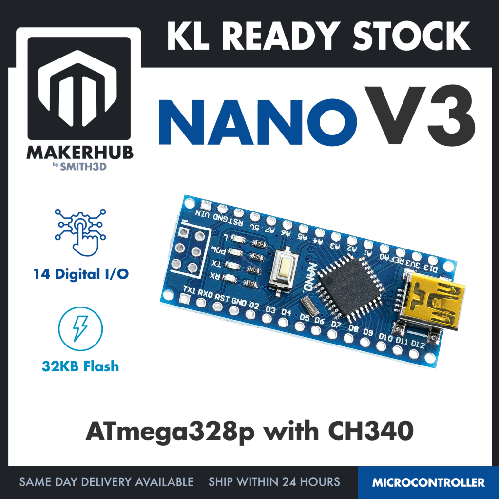 Arduino NANO Compatible NANO V3 - ATMEGA328P with C340G - Mini USB - Microcontroller Project - MakerHub Malaysia: Robotic and Electronic Supplies