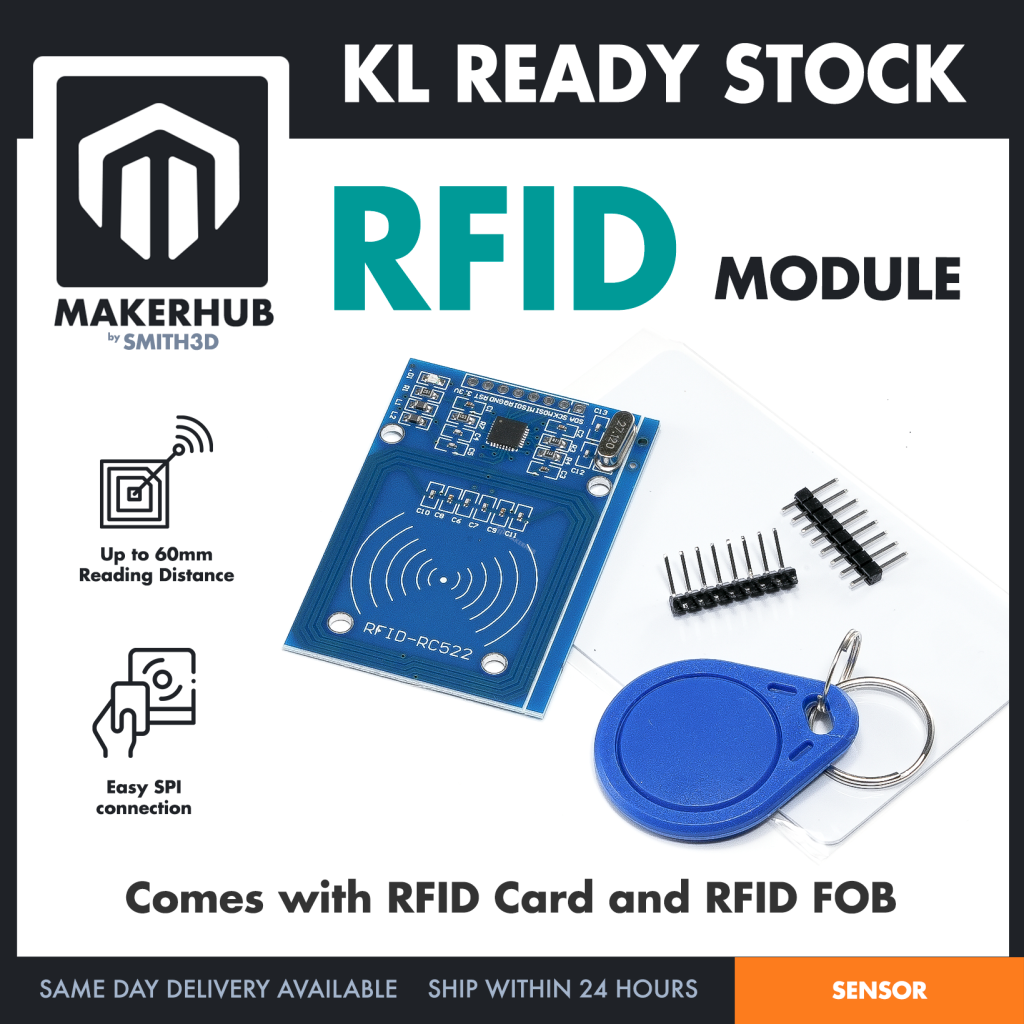 RFID Full Set Sensor Module 13.56MHz RC522 Card Reader with RFID Card, RFID button Arduino IOT - MakerHub Malaysia: Robotic and Electronic Supplies