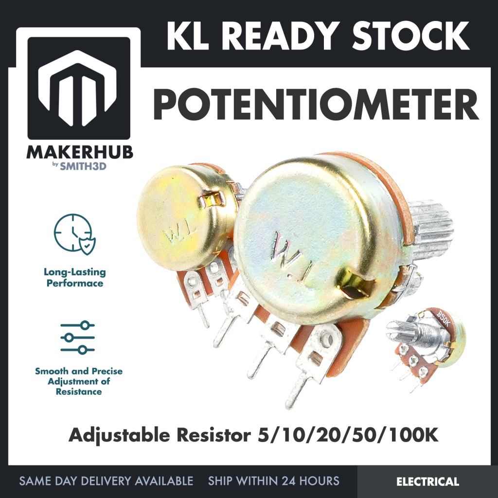 WH148 Potentiometer 15mm Shaft Lenght Variable Resistor Adjustable Resistor 5K 10K 20K 50K 100K - MakerHub Malaysia: Robotic and Electronic Supplies