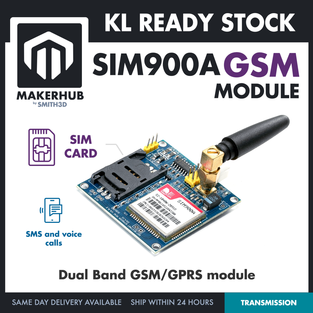 SIM900A GSM Sim Module GPRS Wireless Module with Antenna Sim Card SMS CALL Ring Call - MakerHub Malaysia: Robotic and Electronic Supplies