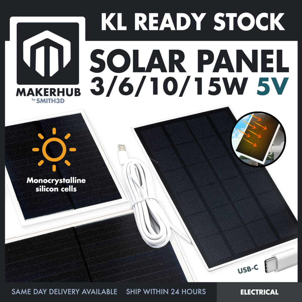 Monocrystalline Cells Solar Panel 5V 6V 3W 6W 10W 15W Mono Solar Energy - MakerHub Malaysia: Robotic and Electronic Supplies