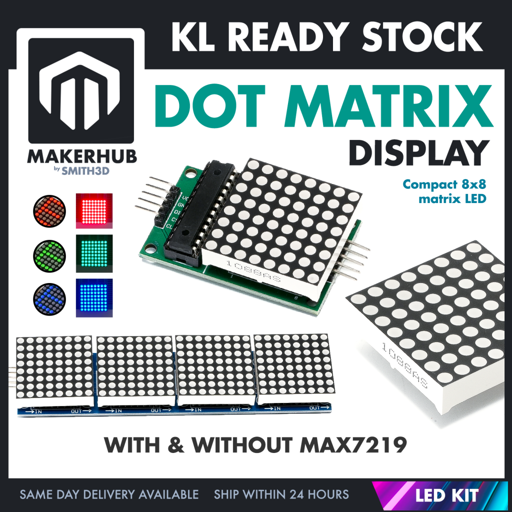 Dot Matrix Display MAX7219 Red/Green/Blue 8 x 8 Dot Array Display For Arduino IOT - MakerHub Malaysia: Robotic and Electronic Supplies