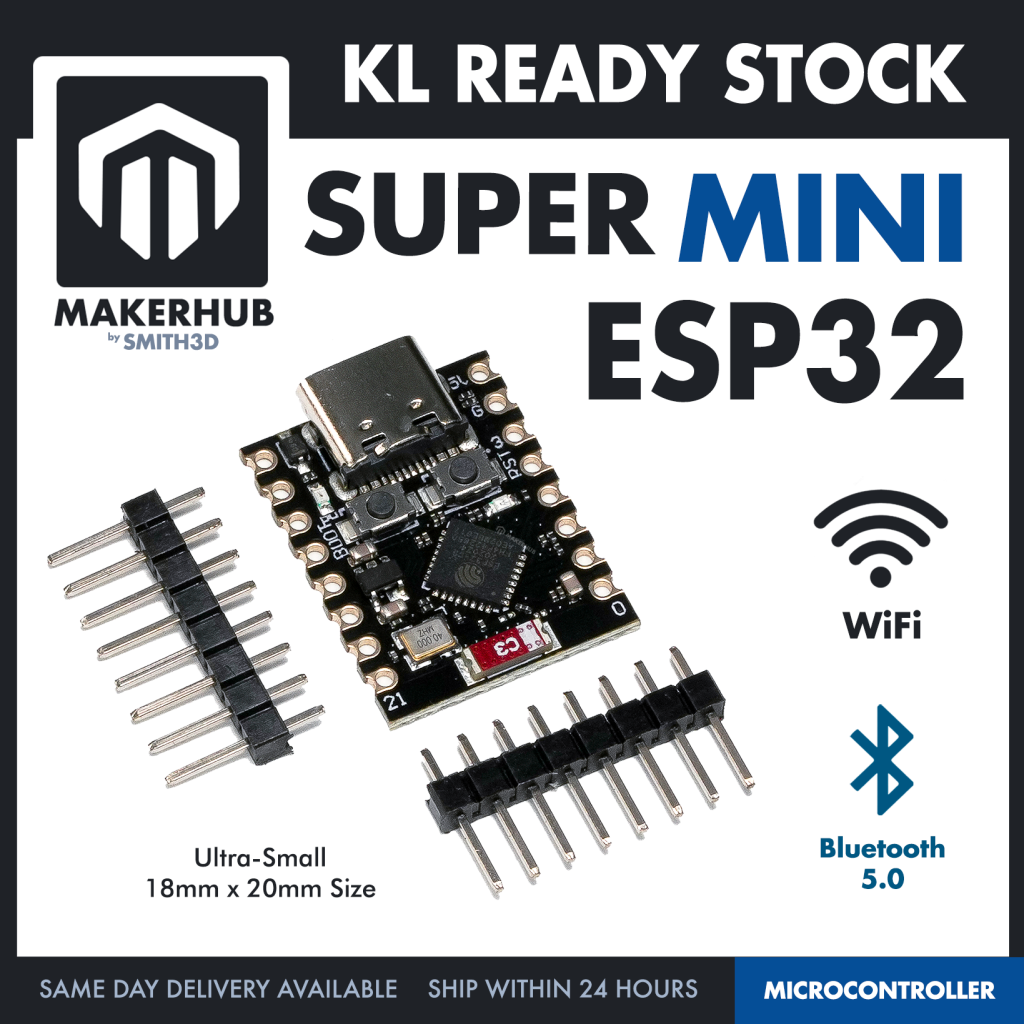 ESP32 Super Mini Ultra Small Size ESP32-C3 RISC-V Low Power Consumption - MakerHub Malaysia: Robotic and Electronic Supplies