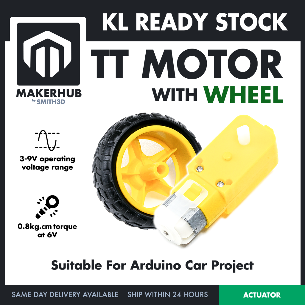 200RPM TT MOTOR With 68mm Wheel 3V 5V 6V 9V Motor Plastic Gear Motor For Arduino Smart Car - MakerHub Malaysia: Robotic and Electronic Supplies