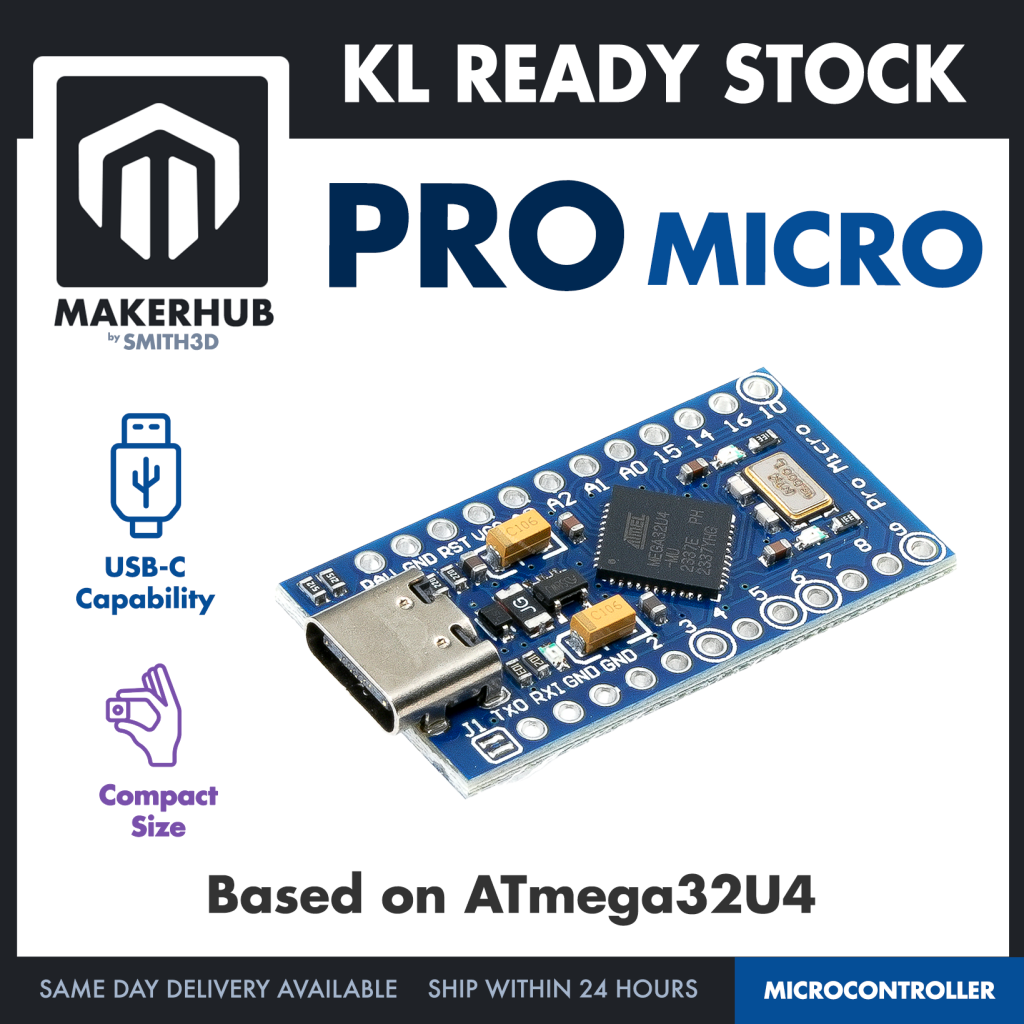 Pro Micro ATmega32U4 Arduino Leonardo Compatible Development Board Type C USB - USB application - IOT Application - MakerHub Malaysia: Robotic and Electronic Supplies