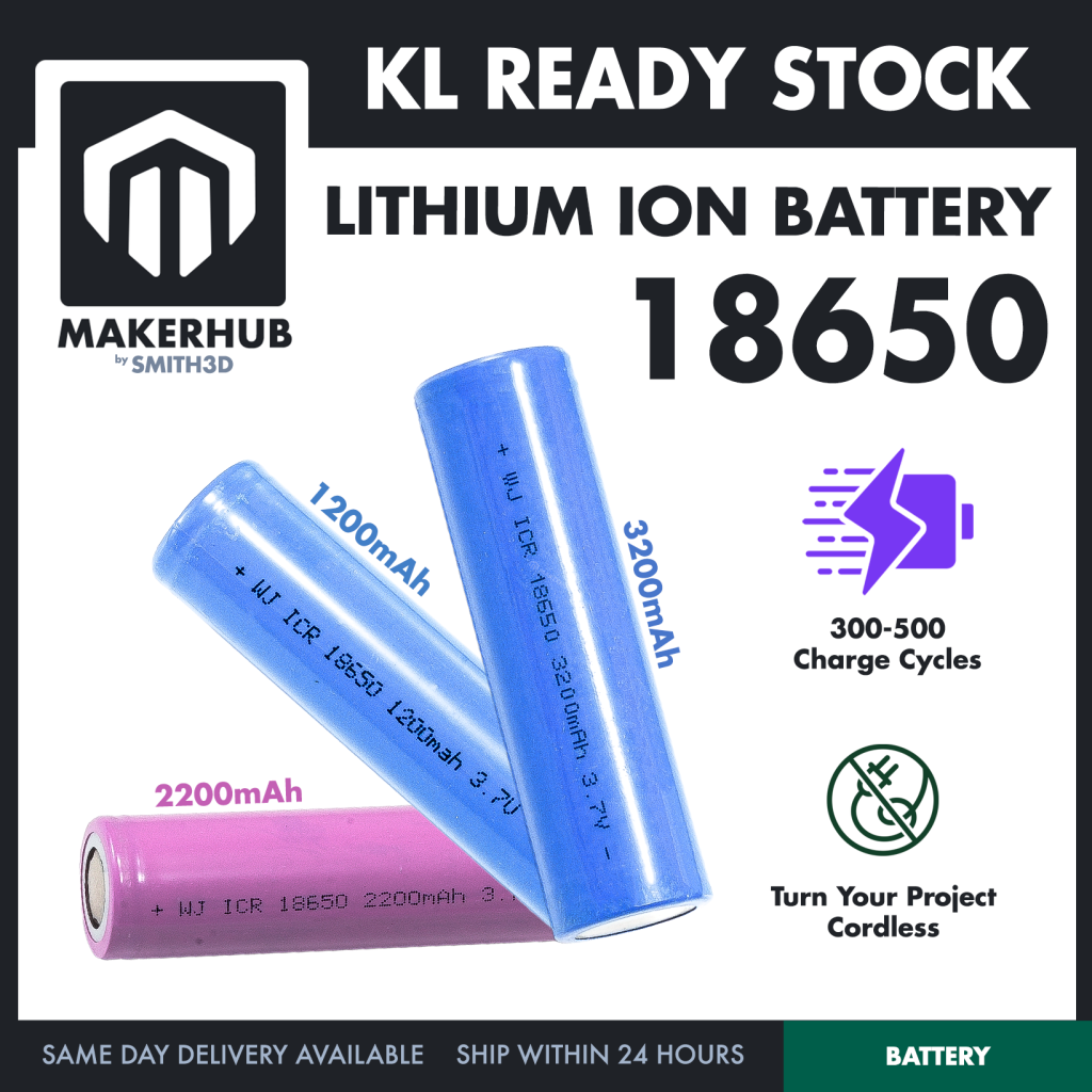 3.7V 18650 Battery Rechargeable Li-Ion Battery 1200mAh 2200mAh 3200mAh Flat Top - MakerHub Malaysia: Robotic and Electronic Supplies
