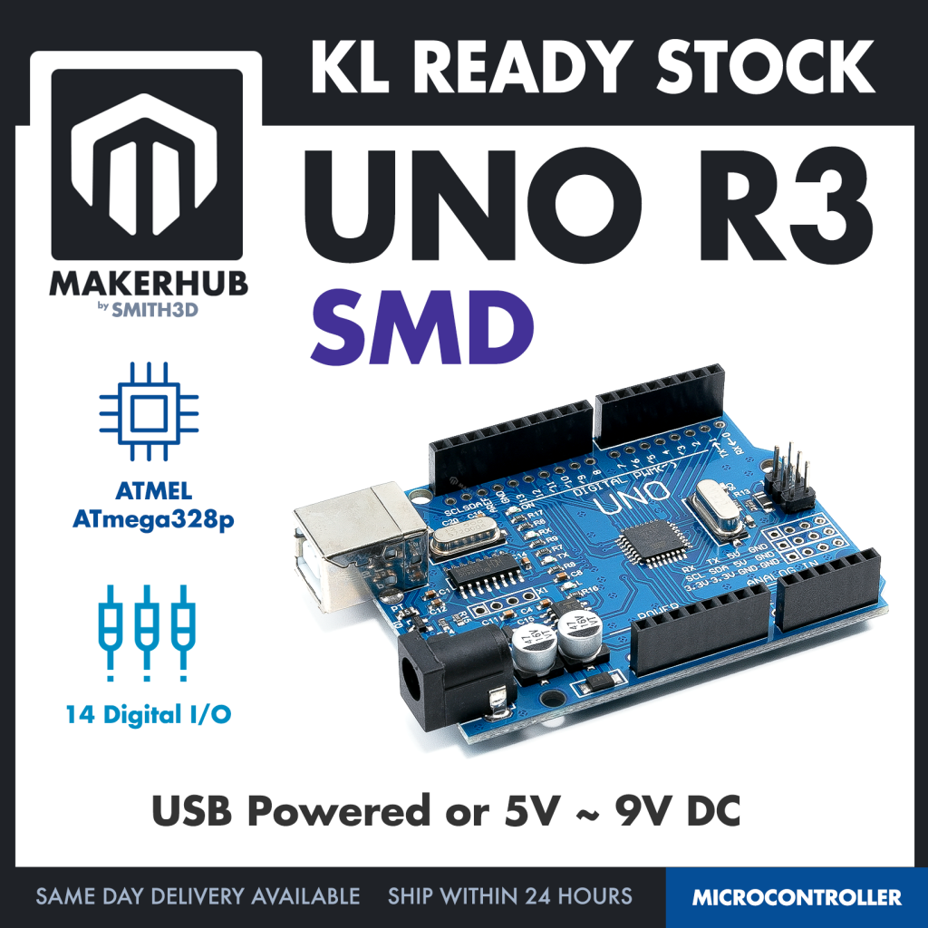 Arduino Uno Compatible SMD UNO R3 with Type B Cable - ATMEGA328P with CH340G-Microcontroller Project - MakerHub Malaysia: Robotic and Electronic Supplies