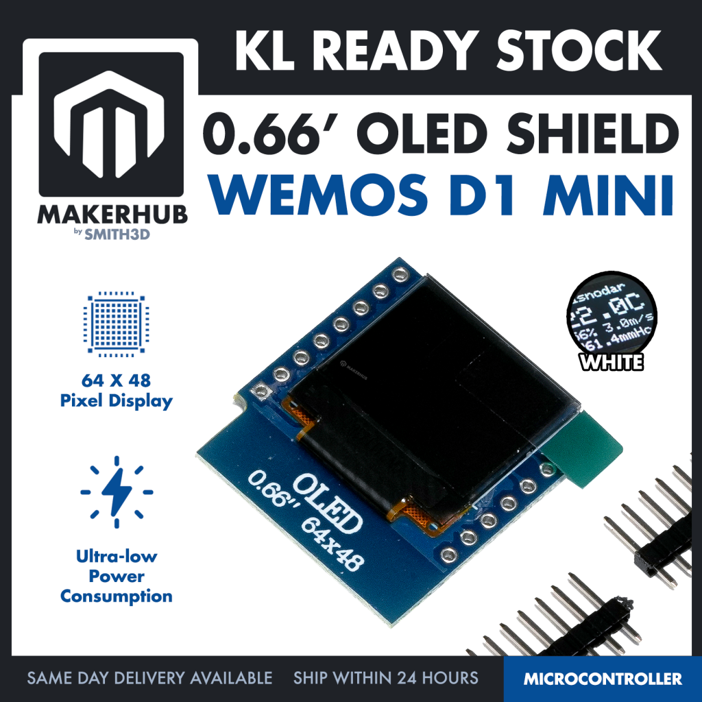 0.66' OLED Display Shield for WeMos D1 Mini 64 x 48 I2C OLED Screen - MakerHub Malaysia: Robotic and Electronic Supplies