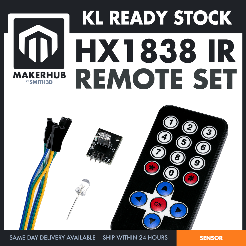HX1838 IR Remote Control Set Infrared Receiver Module Kit with Remote Controller for Arduino Pi DIY Projects - MakerHub Malaysia: Robotic and Electronic Supplies