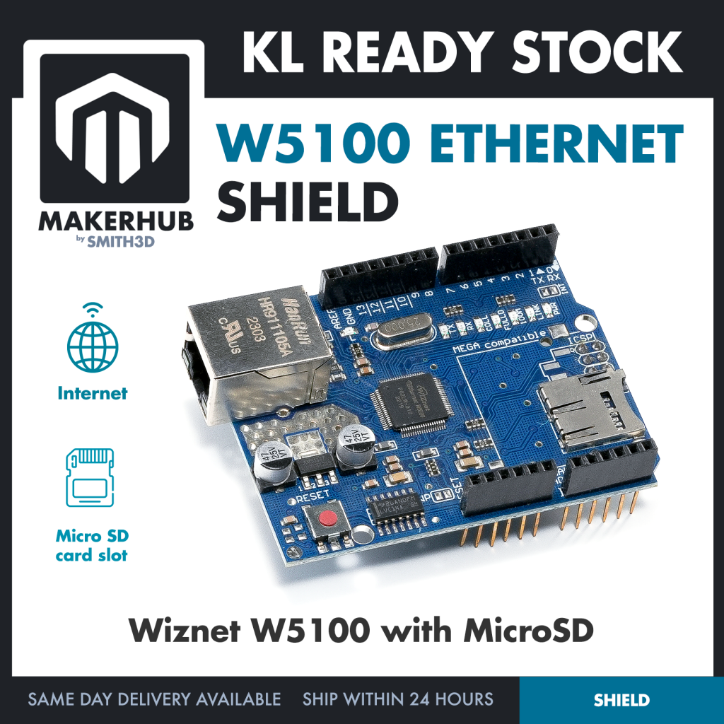 Arduino Ethernet W5100 Shield Built in MicroSD slot For Arduino IOT Application - MakerHub Malaysia: Robotic and Electronic Supplies
