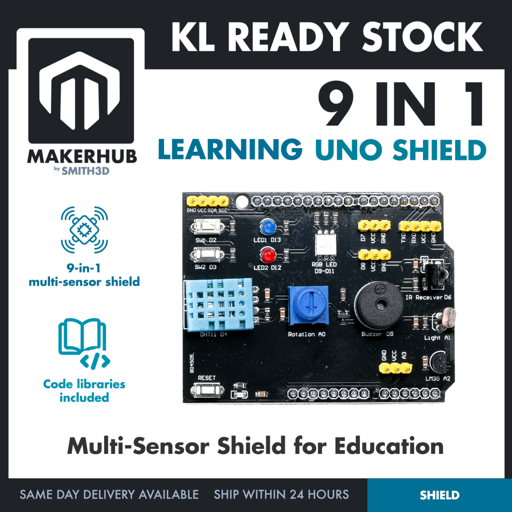 9 in 1 Learning Shield Multi Sensors Shield For Arduino Beginner Learning - MakerHub Malaysia: Robotic and Electronic Supplies