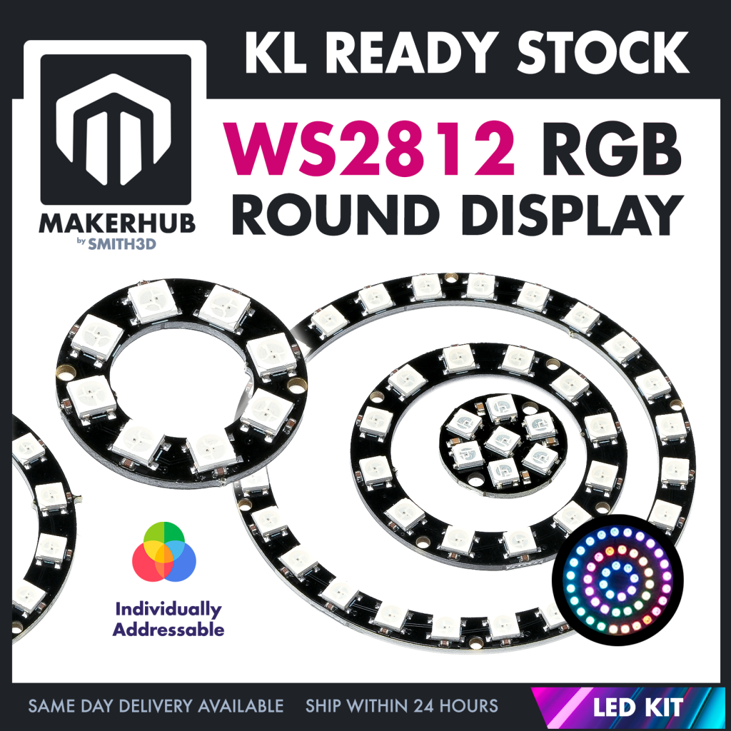 WS2812 RGB LED Ring 24-Bits Colour Display Module 5050 RGB LED - MakerHub Malaysia: Robotic and Electronic Supplies