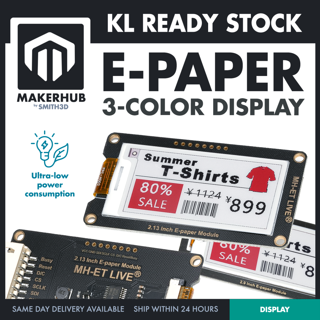 E-Paper Display E-Ink 2.9" 2.13" Tri-Color Module Electronic Paper Screen EPD Black White Red - MakerHub Malaysia: Robotic and Electronic Supplies