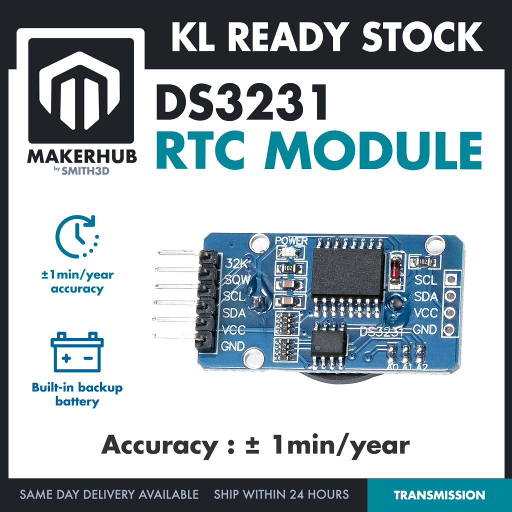 DS3231 Real Time Clock Module RTC I2C Module Compact Size For Arduino IOT - MakerHub Malaysia: Robotic and Electronic Supplies