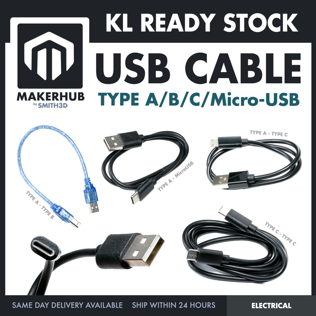 Data Cable Type-A Type-C MicroUSB Type-B 0.5m 1m 30cm 0.3m 100cm Data Transfer Upload Code - MakerHub Malaysia: Robotic and Electronic Supplies