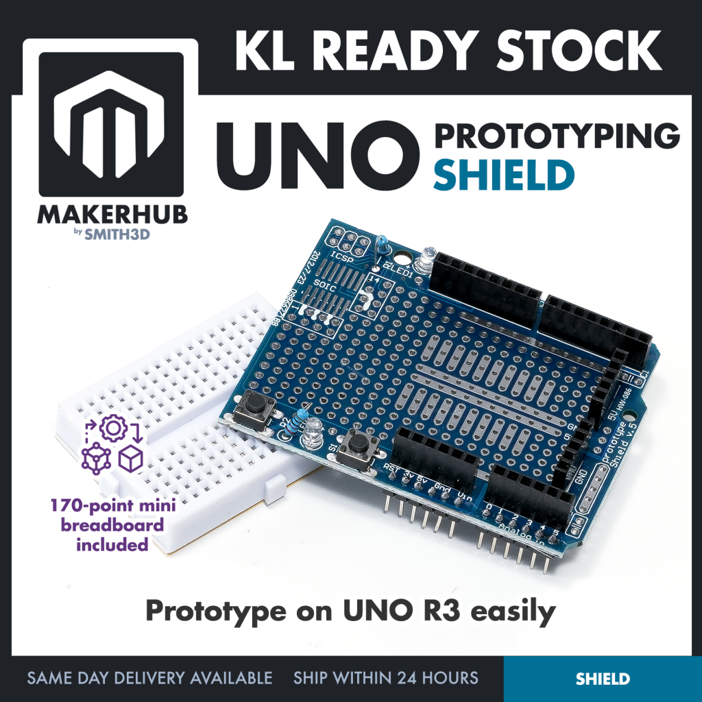 Prototyping Shield Prototype Shield with Mini Breadboard For Arduino Prototype Application - MakerHub Malaysia: Robotic and Electronic Supplies