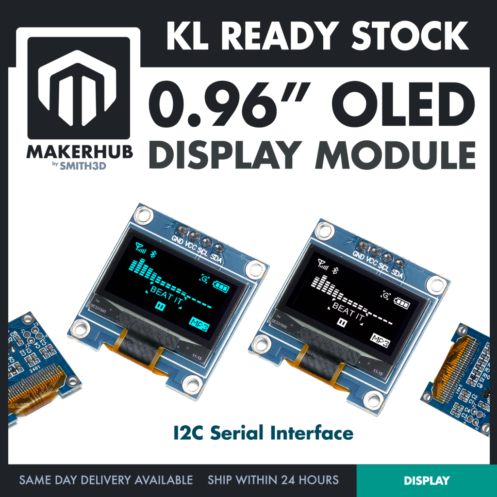 0.96‘ OLED Display Module Blue White Screen I2C IIC Serial 128X64 LCD Display Board - MakerHub Malaysia: Robotic and Electronic Supplies