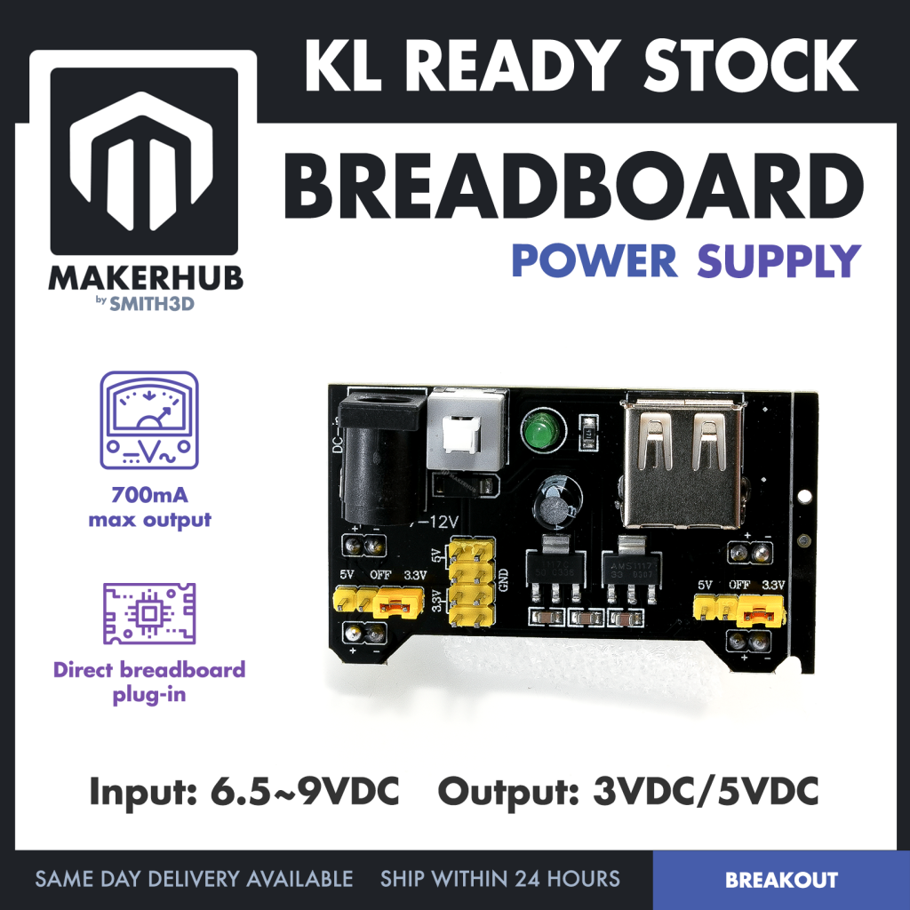 MB-102 Breadboard Power Supply Module 3.3V 5V Direct Plug In Bread Board For Arduino Power - MakerHub Malaysia: Robotic and Electronic Supplies