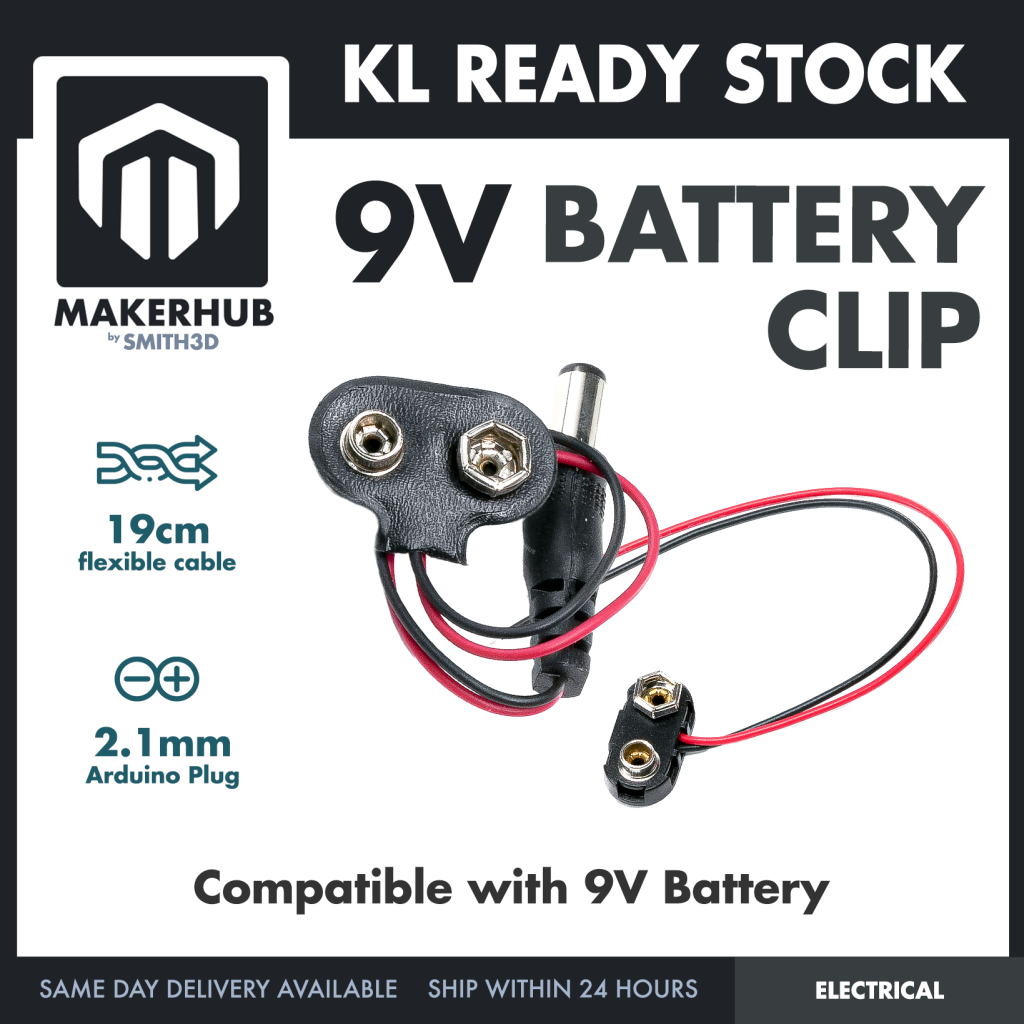 9V Battery Snap DC Plug 2.1mm Hard Case - MakerHub Malaysia: Robotic and Electronic Supplies