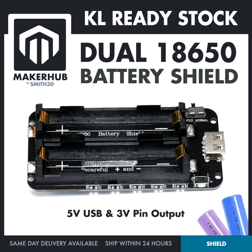 Dual 18650 Lithium Battery Holder Shield V3 Power Module 5V USB 3V Pin Output Charging - MakerHub Malaysia: Robotic and Electronic Supplies