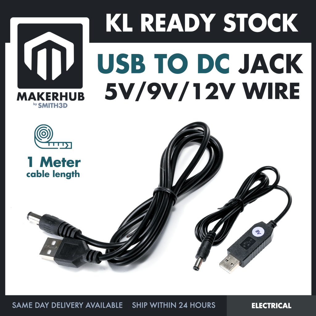 USB To 9V DC Jack Cable 5.5 x 2.1 mm 5V 9V DC Power USB Cable Connector Jack - MakerHub Malaysia: Robotic and Electronic Supplies