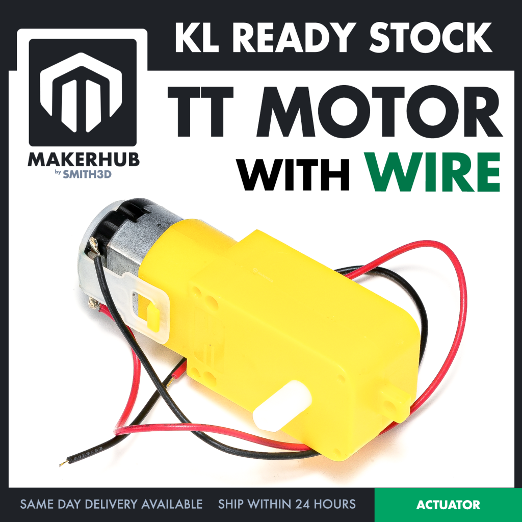 TT MOTOR WITH WIRE 3-6V DC 200RPM 1:48 GEARBOX MOTOR WITH WIRES PRE-SOLDERED - MakerHub Malaysia: Robotic and Electronic Supplies