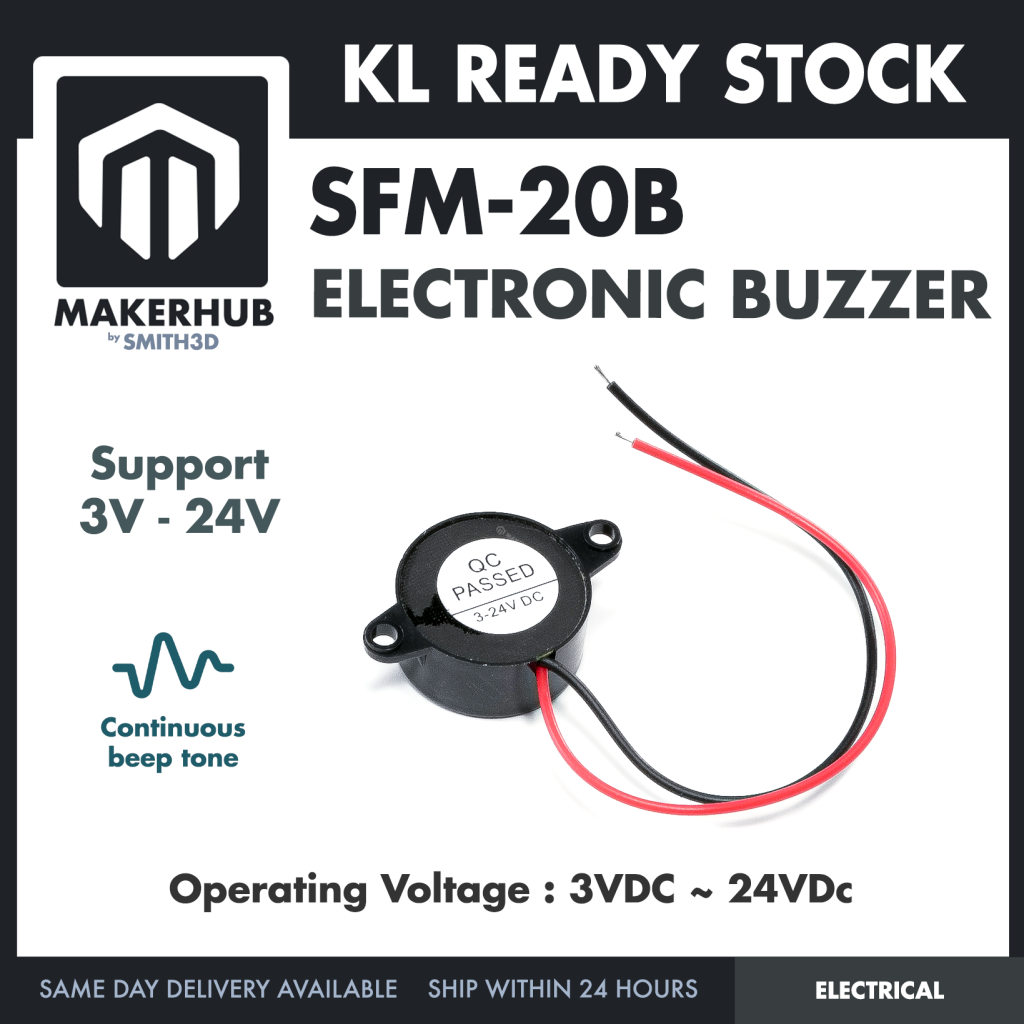 SFM-20B Active Buzzer DC 3-24V Piezoelectric Long Continous Beep - MakerHub Malaysia: Robotic and Electronic Supplies