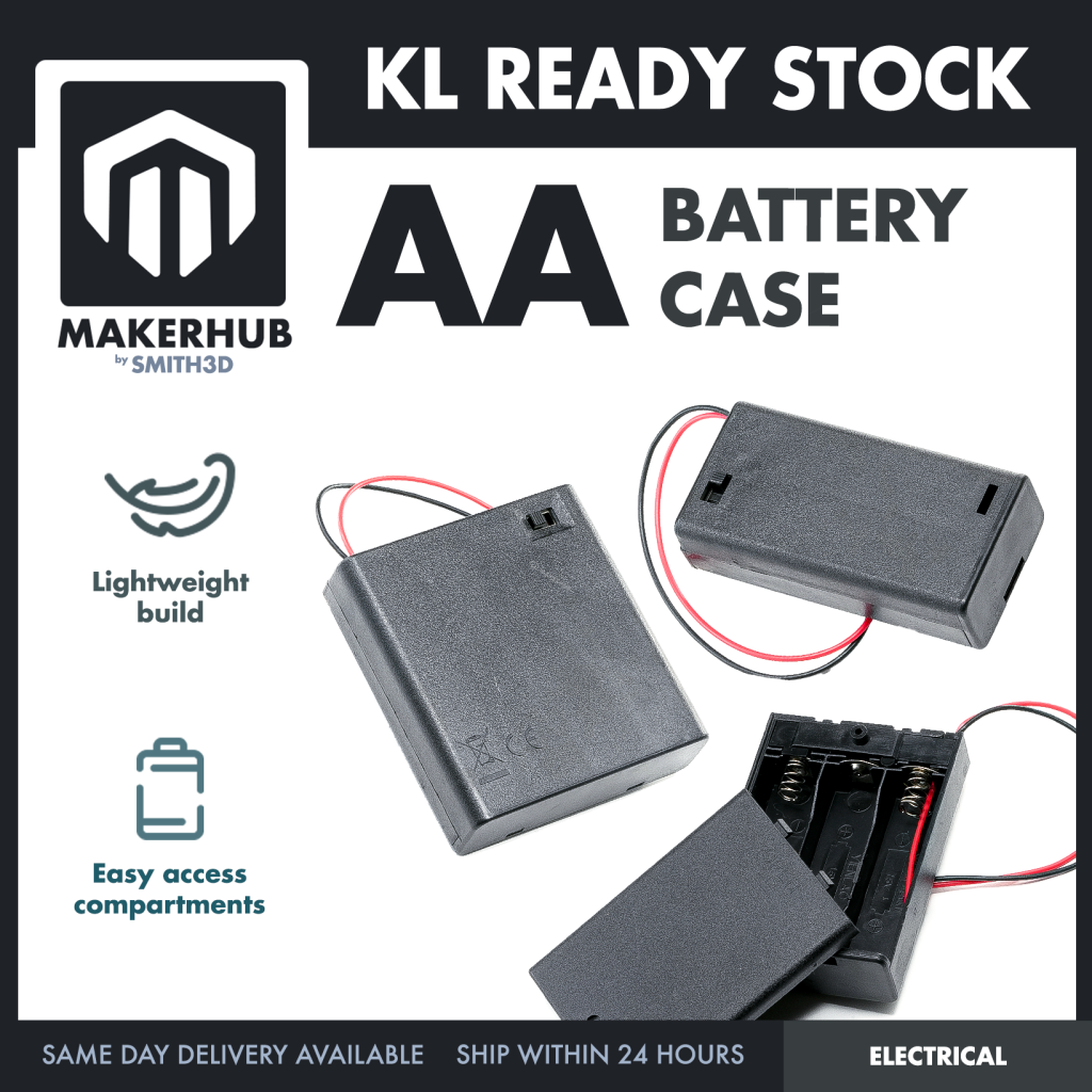 AA Battery Holder with Cover On/Off Switch 2/3/4 Slots Battery AA Holder Red/Black Wire - MakerHub Malaysia: Robotic and Electronic Supplies