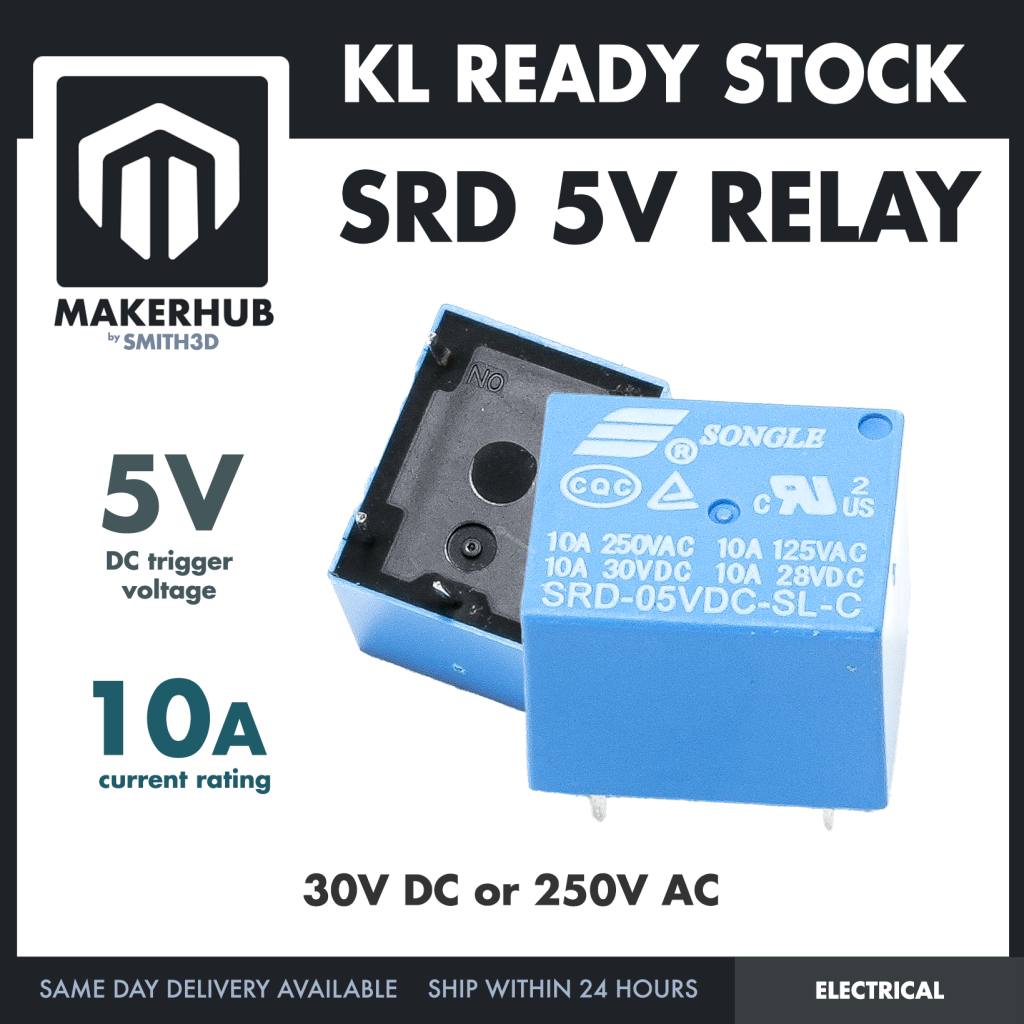 SRD-05 Relay 5V Trigger Relay 5 Pin 250VAC 30 VDC - MakerHub Malaysia: Robotic and Electronic Supplies