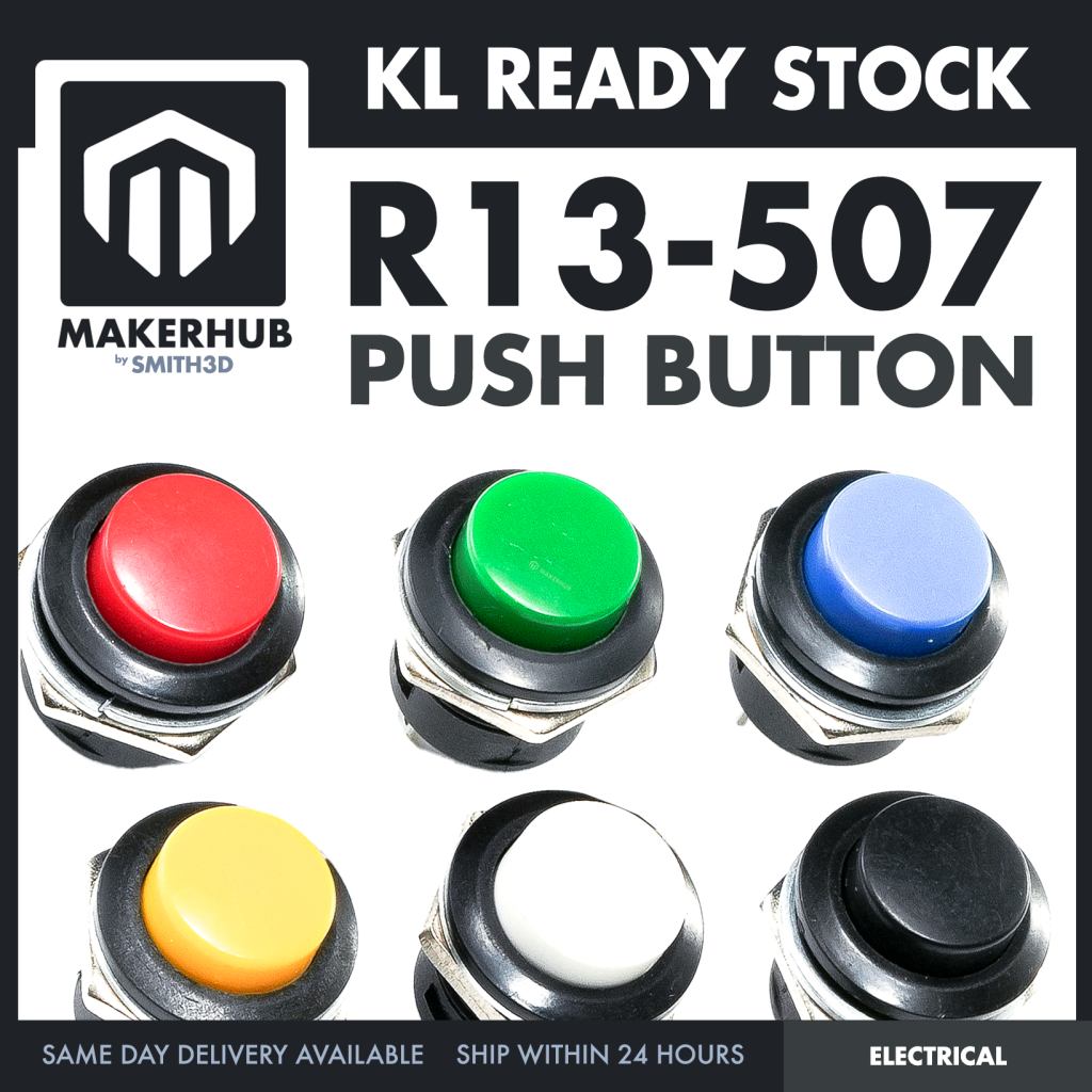 R13-507 Push Button Switch No-Locking Round Momentary Red Green Yellow Blue White Black - MakerHub Malaysia: Robotic and Electronic Supplies