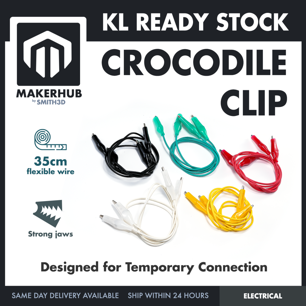 Crocodile Clip Cables 46cm Alligator Clip Cable Multi Color - MakerHub Malaysia: Robotic and Electronic Supplies