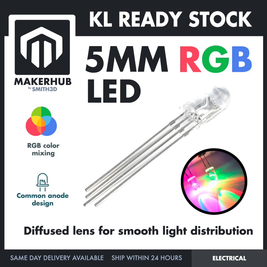 5mm RGB Round Head LED - Red Green Blue High Brightness Common Anode 4-Pin LED - MakerHub Malaysia: Robotic and Electronic Supplies