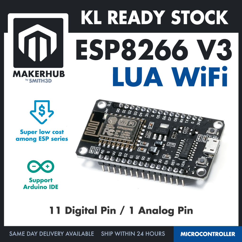 NodeMCU V3 ESP8266 Development Board WiFi CH340 V3 IOT - MakerHub Malaysia: Robotic and Electronic Supplies