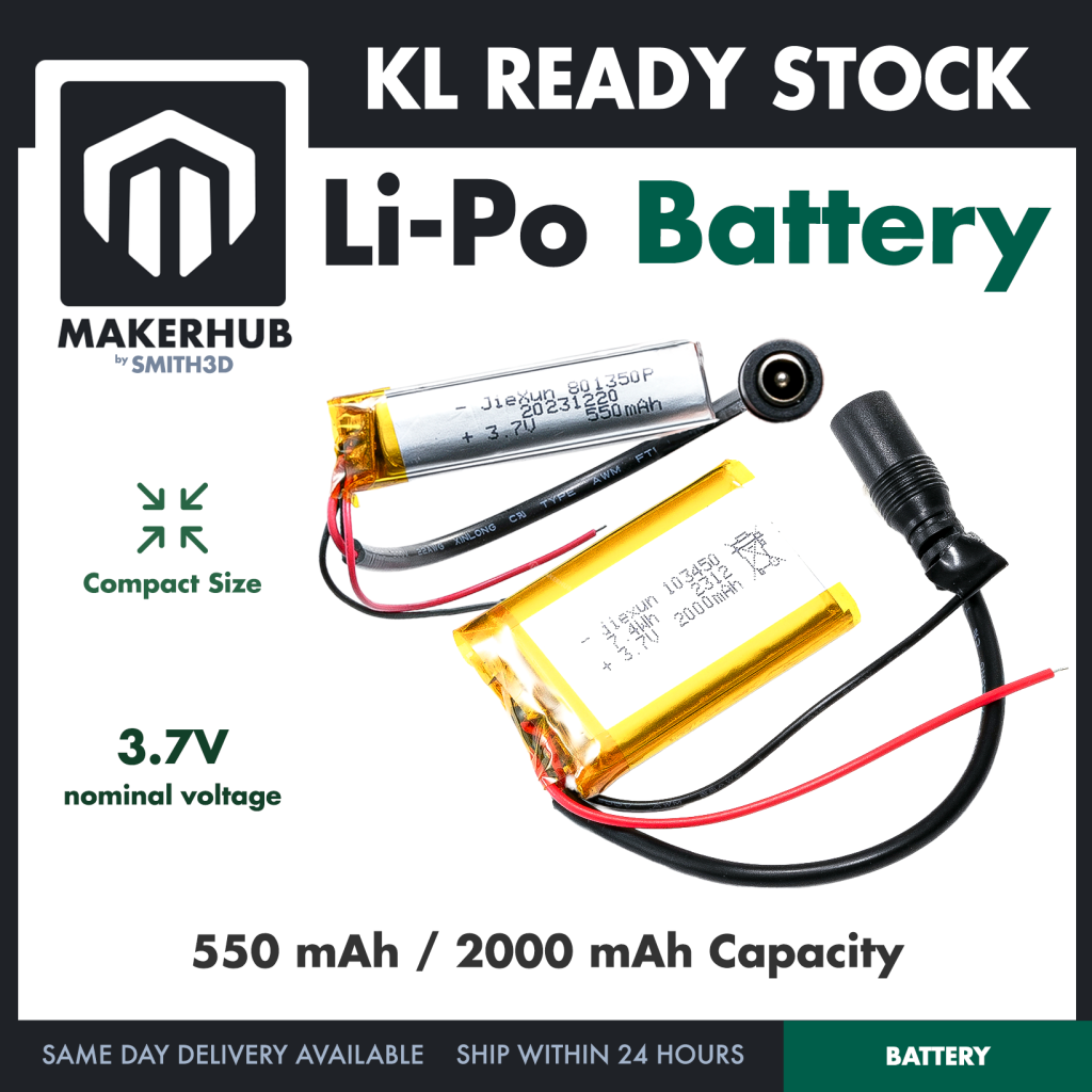3.7V Li-Po Battery Lithium Polymer Battery 801350 103450 Rechargeable - MakerHub Malaysia: Robotic and Electronic Supplies