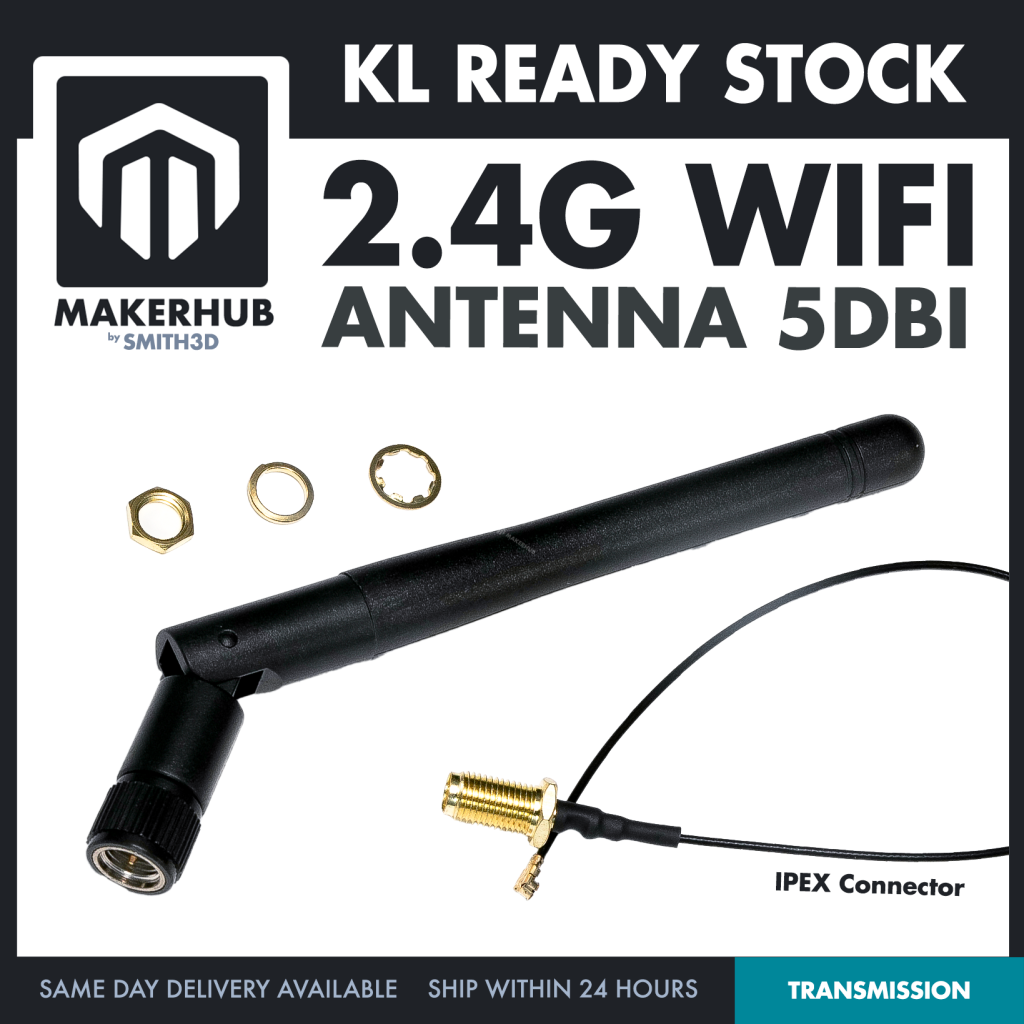 2.4GHz WiFi Antenna 5dBi Omni-Directional RP-SMA Male Connector for Router Wireless Network Signal Booster - MakerHub Malaysia: Robotic and Electronic Supplies