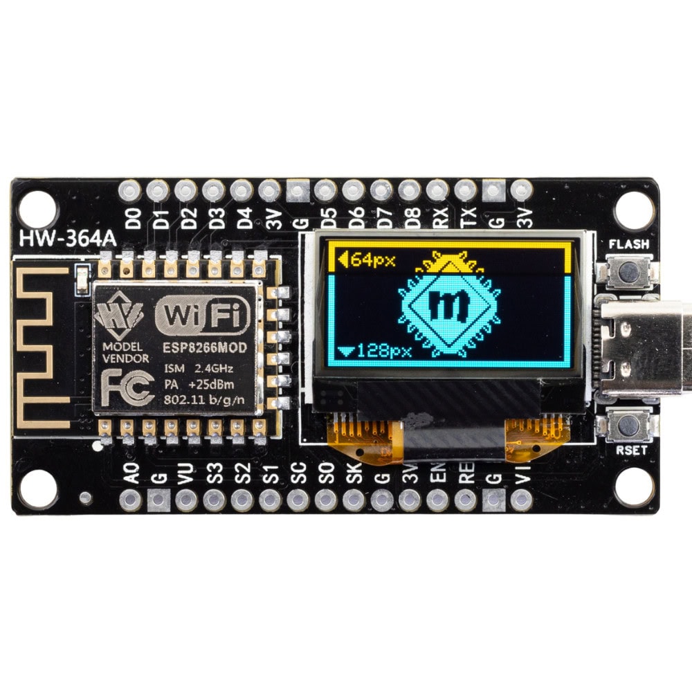 ESP8266 NodeMCU z wyświetlaczem OLED 0,96" 128x64px I2C CH340 z USB-C niebiesko-Żółty - Sklep msalamon