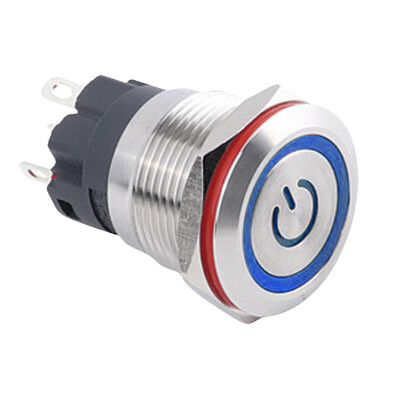 WD19A-P1-EC 19mm Düz Yaylı Işıklı Power Metal Buton - Mavi