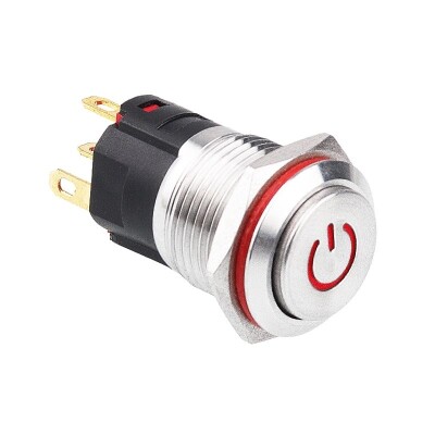 WD16A-G1-C 16mm Çıkık Yaylı Işıklı Power Metal Buton - Kırmızı