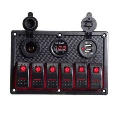 6'lı ON-OFF Kırmızı Işıklı Anahtar Switch Panel 2x5V USB Çakmaklık ve Voltaj Göstergeli