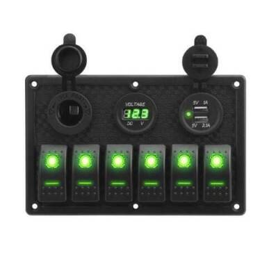 6'lı ON-OFF Yeşil Işıklı Anahtar Switch Panel 2x5V USB Çakmaklık ve Voltaj Göstergeli