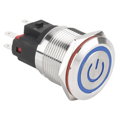 WD22E-P1-EC 22mm Düz Yaylı Işıklı Power Metal Buton - Mavi